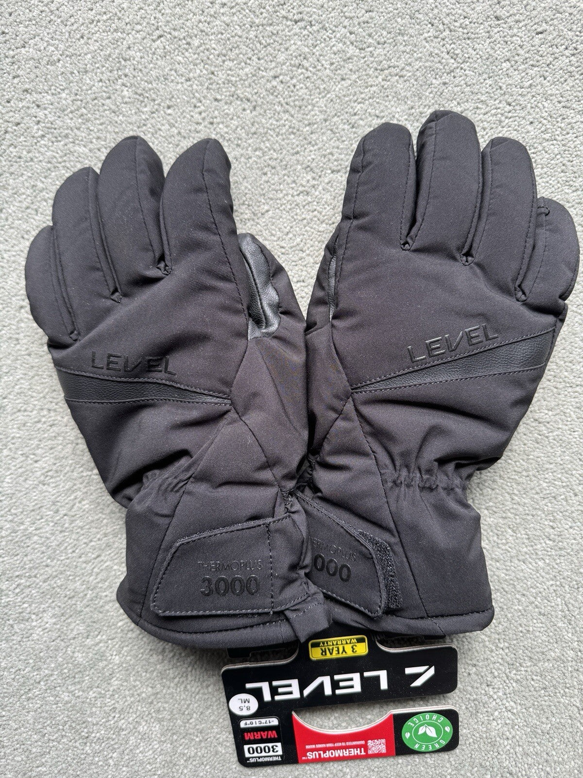 Level - Mens Alpine Ski Gloves - Leather Palm - Thermoplus 3000 - Size 8.5 - NEW