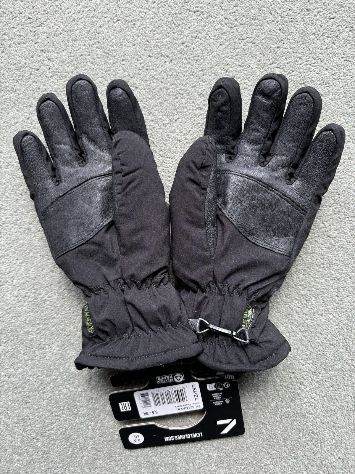 Level - Mens Alpine Ski Gloves - Leather Palm - Thermoplus 3000 - Size 8.5 - NEW