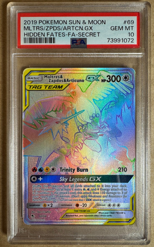 PSA 10 Moltres & Zapdos Articuno Rainbow Tag-Team GX 69/68 Pokemon Hidden Fates