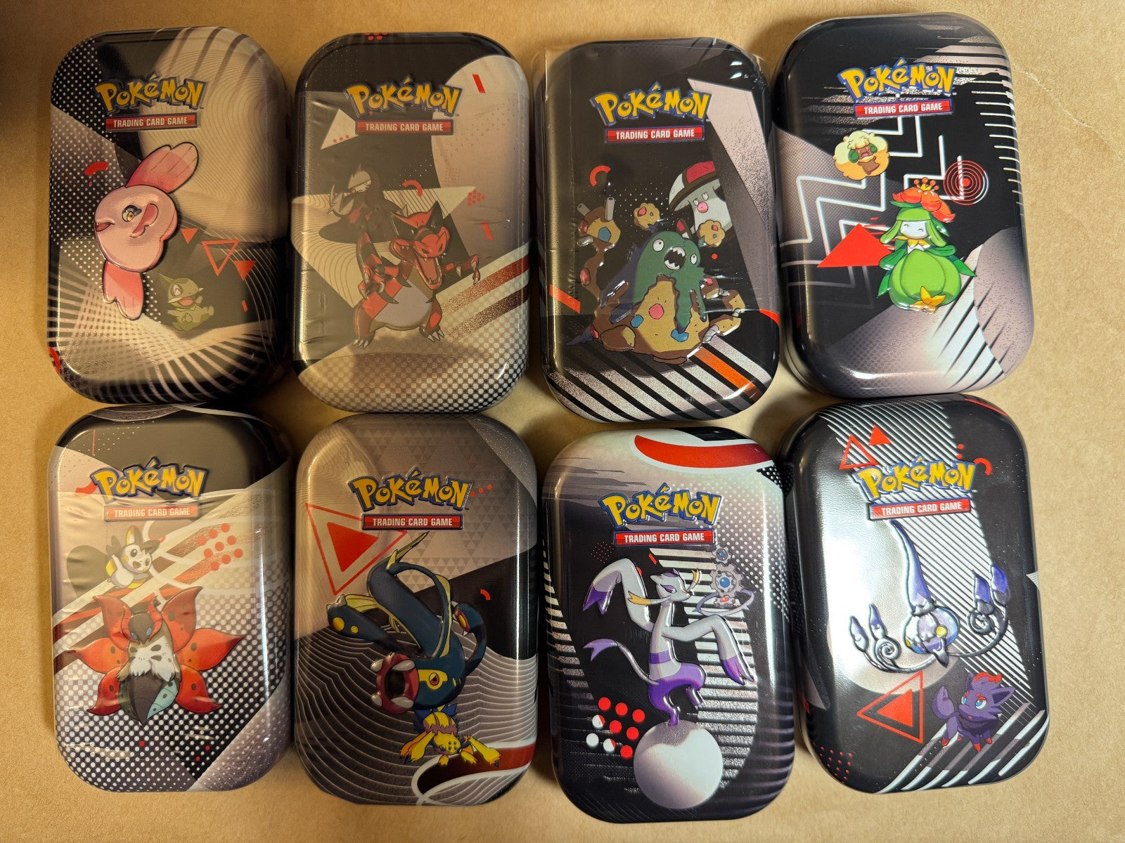 Pokemon TCG Black Bolt & White Flare EMPTY Tin Display 8 Tins & Sticker Sheets
